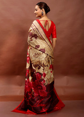 Cream Printed Pure Silk Saree Without Blouse Piece