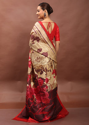 Cream Printed Pure Silk Saree Without Blouse Piece