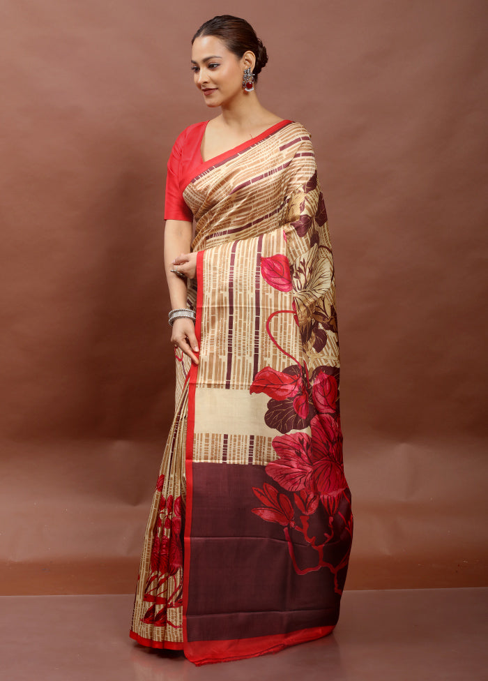 Cream Printed Pure Silk Saree Without Blouse Piece