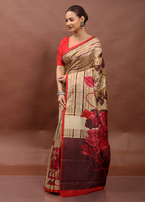 Cream Printed Pure Silk Saree Without Blouse Piece