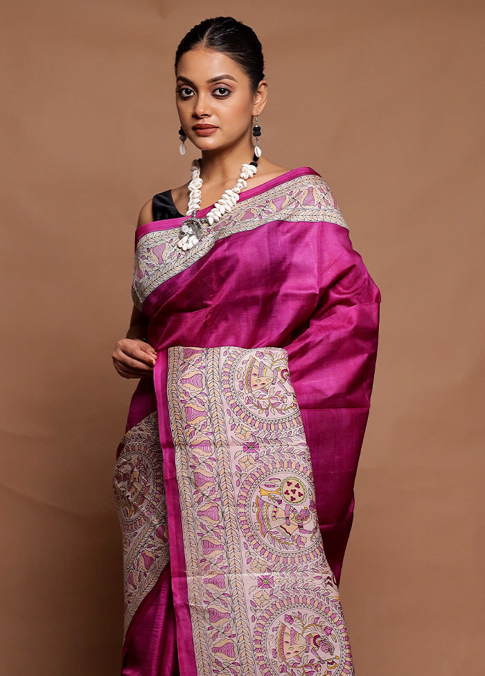 Purple Printed Pure Silk Saree Without Blouse Piece