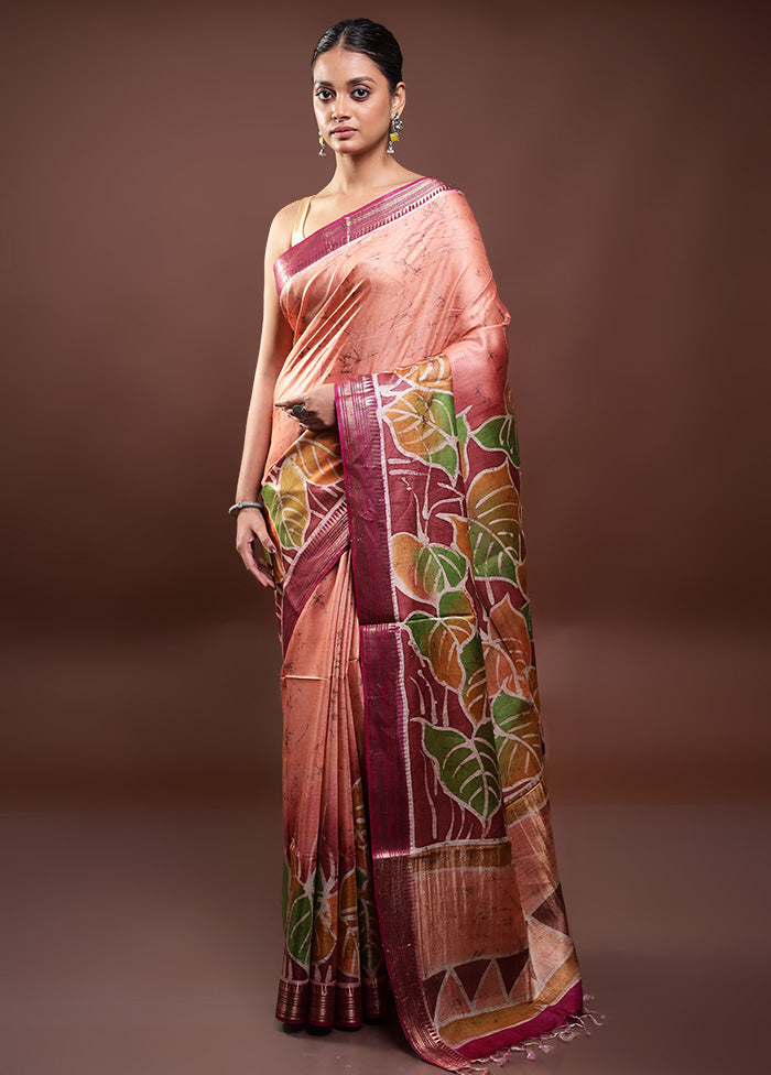 Rust Printed Pure Silk Saree Without Blouse Piece