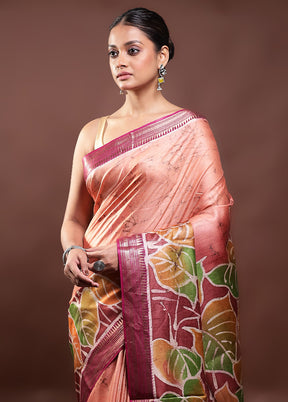 Rust Printed Pure Silk Saree Without Blouse Piece