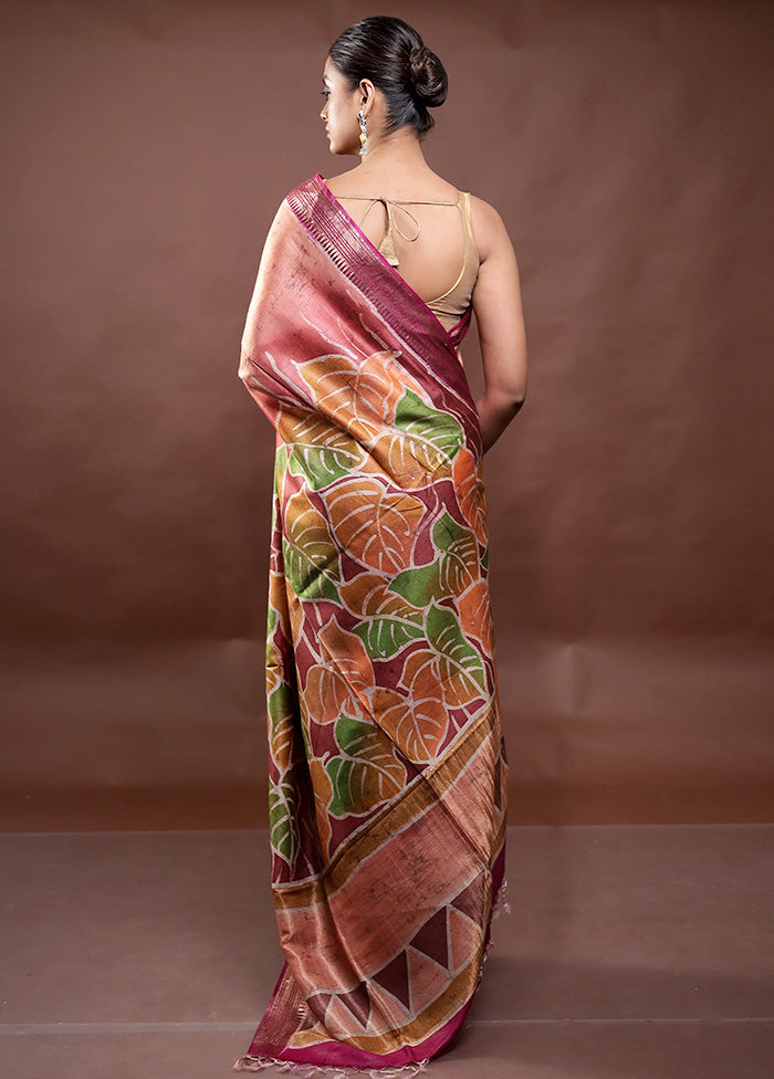 Rust Printed Pure Silk Saree Without Blouse Piece