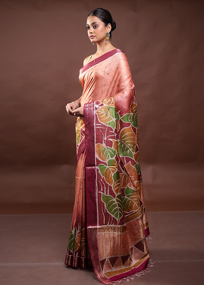 Rust Printed Pure Silk Saree Without Blouse Piece