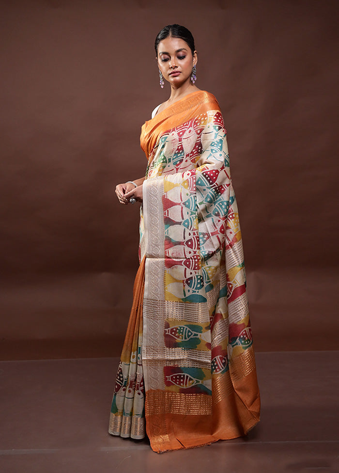 Multicolor Printed Pure Silk Saree Without Blouse Piece