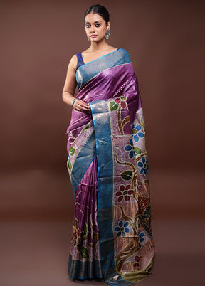 Purple Handloom Tussar Pure Silk Saree With Blouse Piece