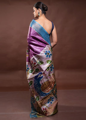 Purple Handloom Tussar Pure Silk Saree With Blouse Piece