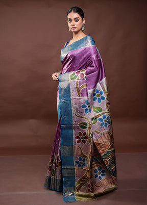 Purple Handloom Tussar Pure Silk Saree With Blouse Piece
