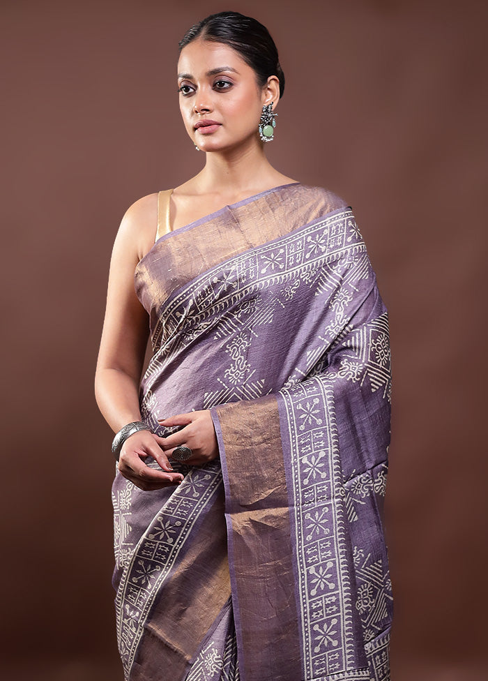 Grey Tussar Silk Saree With Blouse Piece