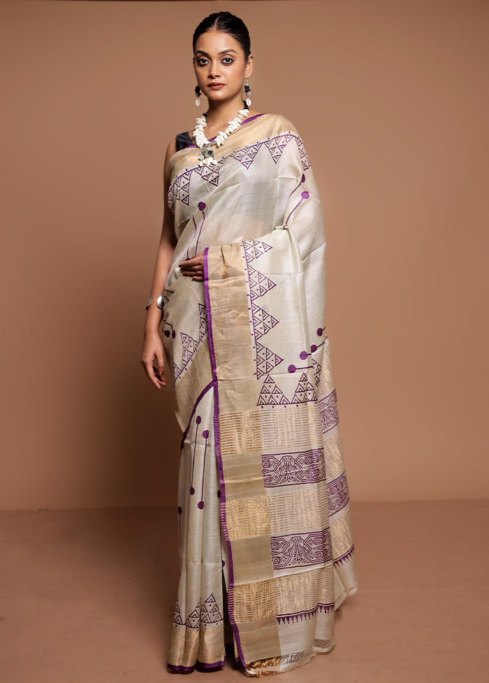 Cream Tussar Silk Saree With Blouse Piece