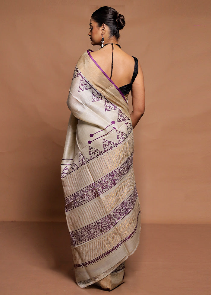 Cream Tussar Silk Saree With Blouse Piece