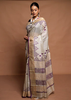 Cream Tussar Silk Saree With Blouse Piece