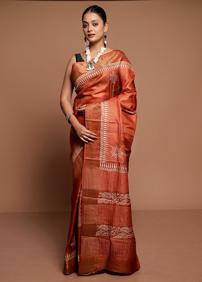 Rust Tussar Silk Saree With Blouse Piece