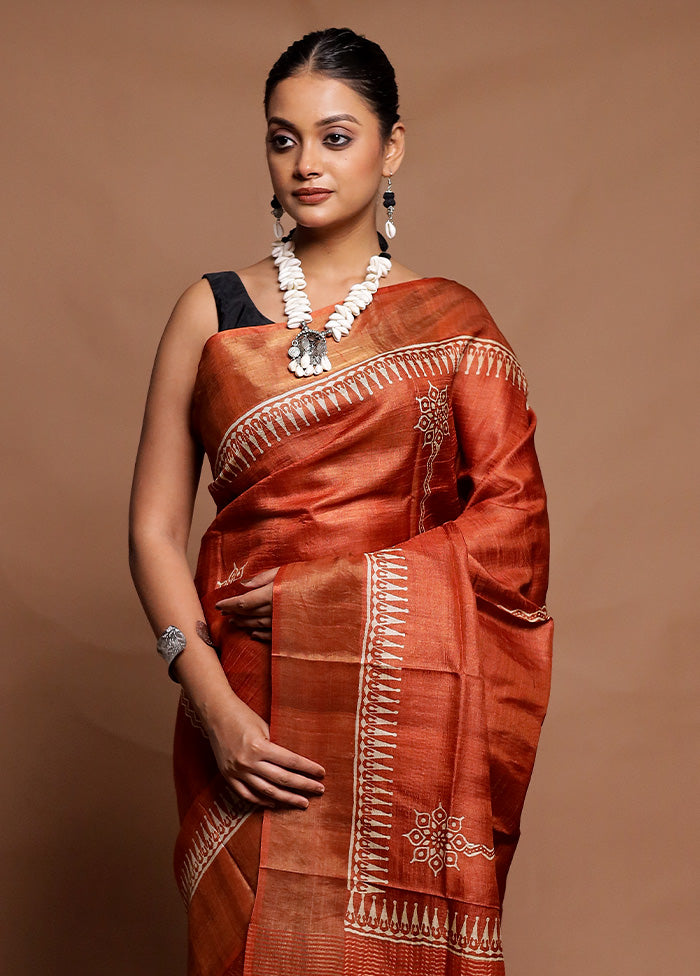 Rust Tussar Silk Saree With Blouse Piece