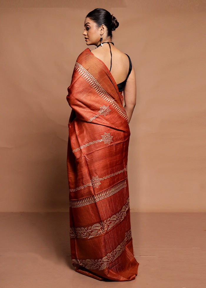 Rust Tussar Silk Saree With Blouse Piece