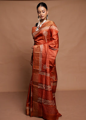 Rust Tussar Silk Saree With Blouse Piece