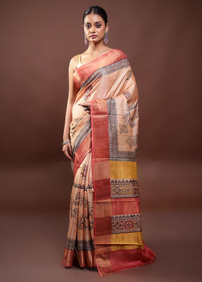 Peach Tussar Silk Saree With Blouse Piece