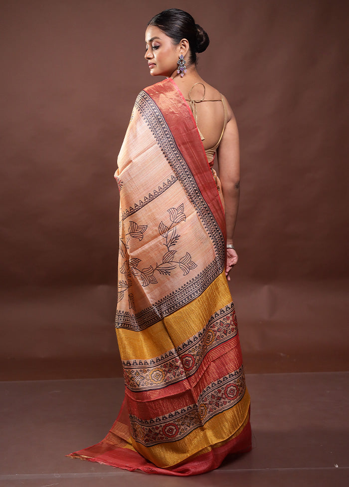 Peach Tussar Silk Saree With Blouse Piece