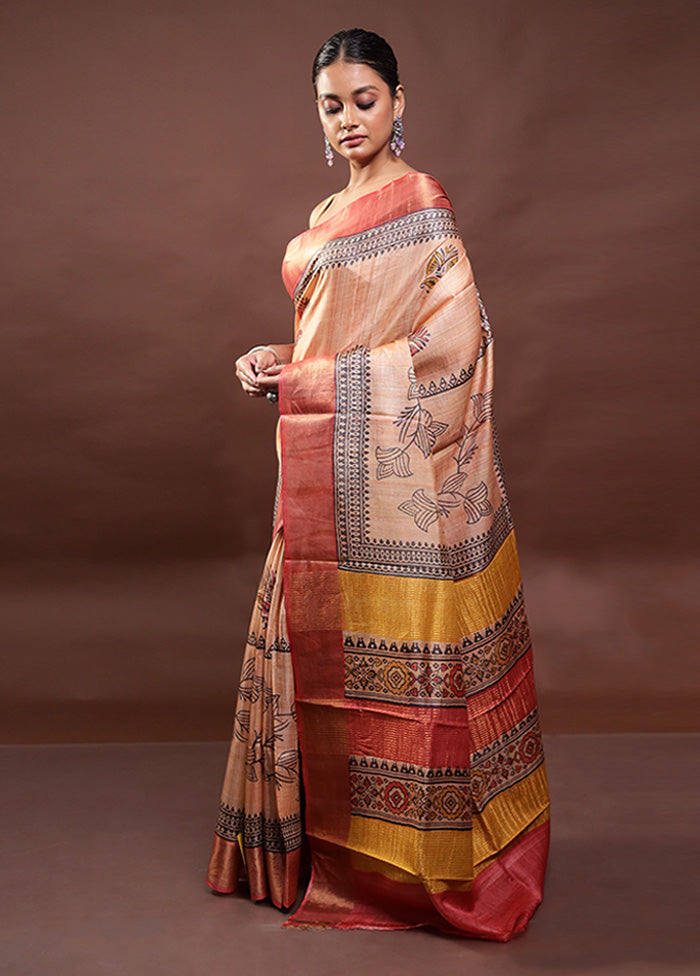 Peach Tussar Silk Saree With Blouse Piece