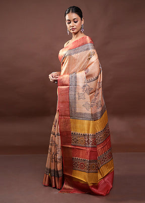 Peach Tussar Silk Saree With Blouse Piece