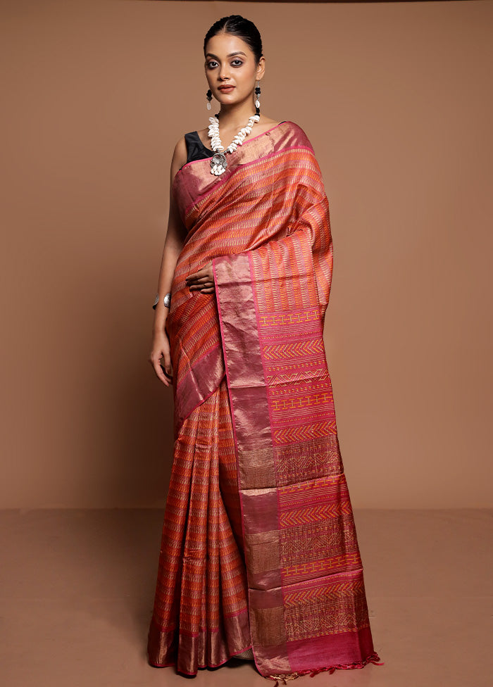 Pink Tussar Silk Saree With Blouse Piece