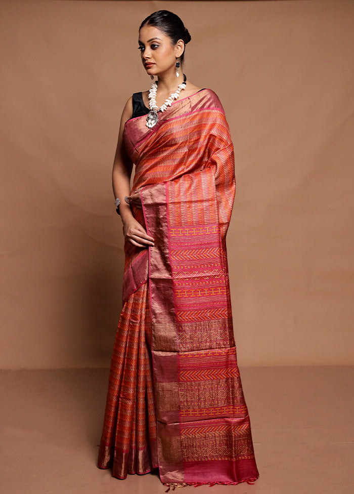 Pink Tussar Silk Saree With Blouse Piece