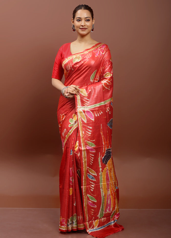 Red Handloom Tussar Pure Silk Saree With Blouse Piece