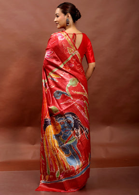 Red Handloom Tussar Pure Silk Saree With Blouse Piece