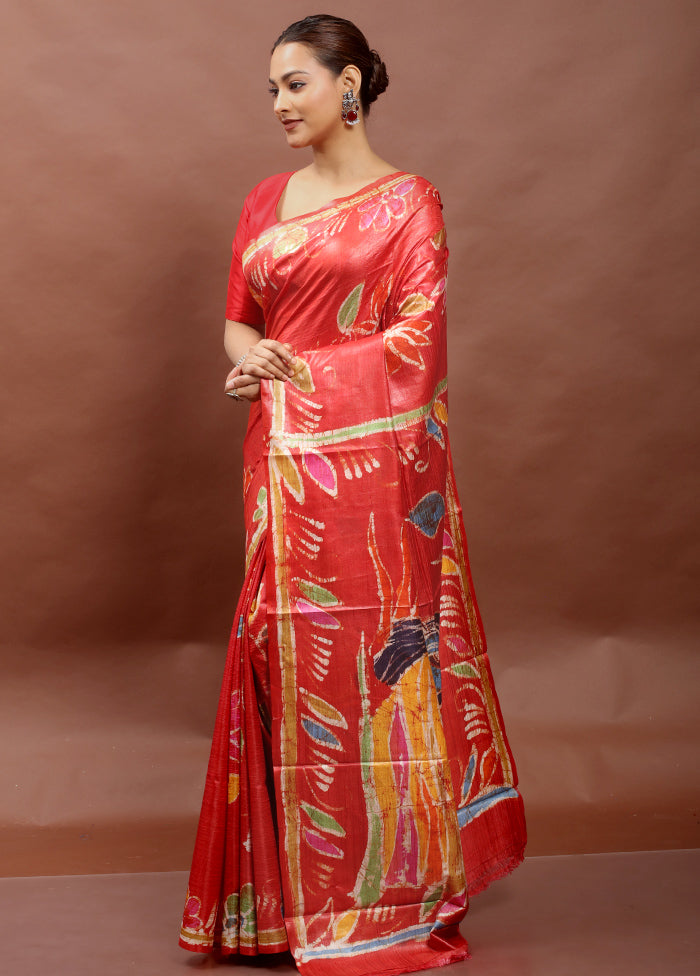 Red Handloom Tussar Pure Silk Saree With Blouse Piece