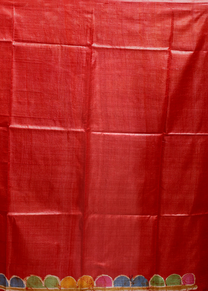 Red Handloom Tussar Pure Silk Saree With Blouse Piece