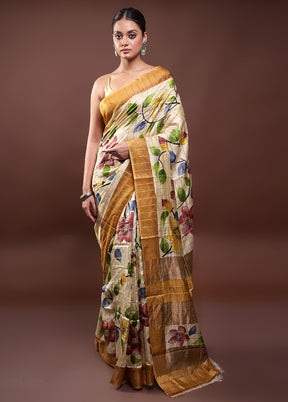 Cream Handloom Tussar Pure Silk Saree With Blouse Piece