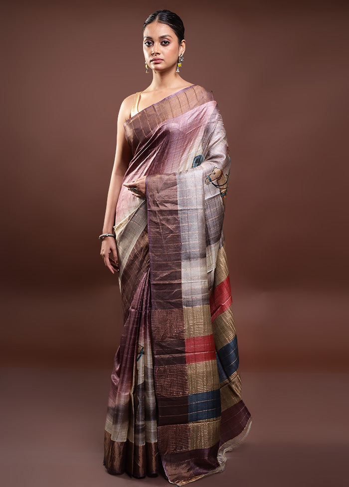 Multicolor Handloom Tussar Pure Silk Saree With Blouse Piece