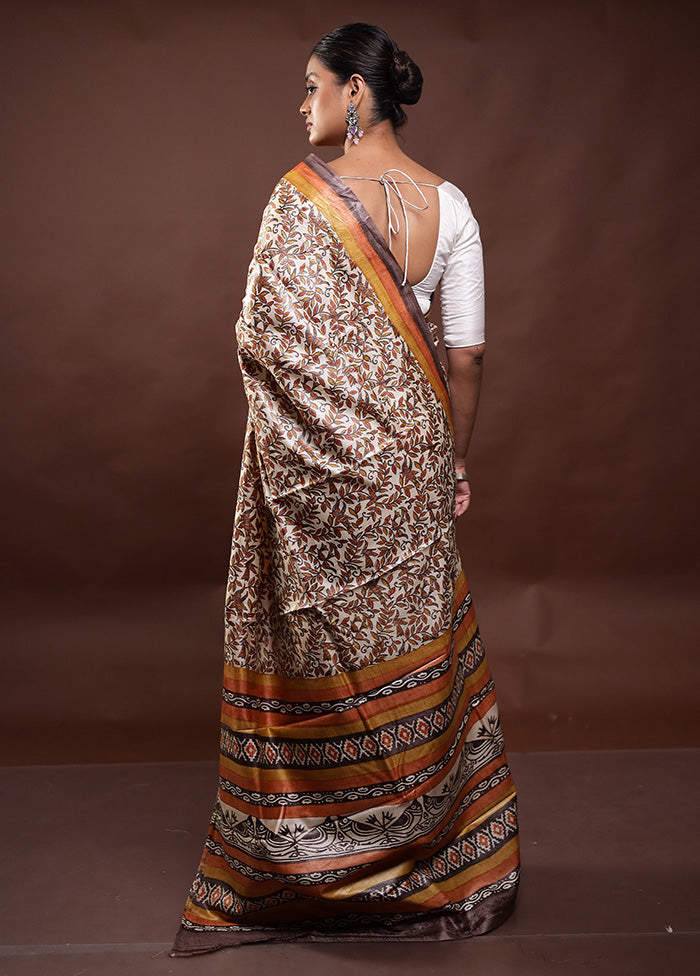 Cream Handloom Tussar Pure Silk Saree With Blouse Piece