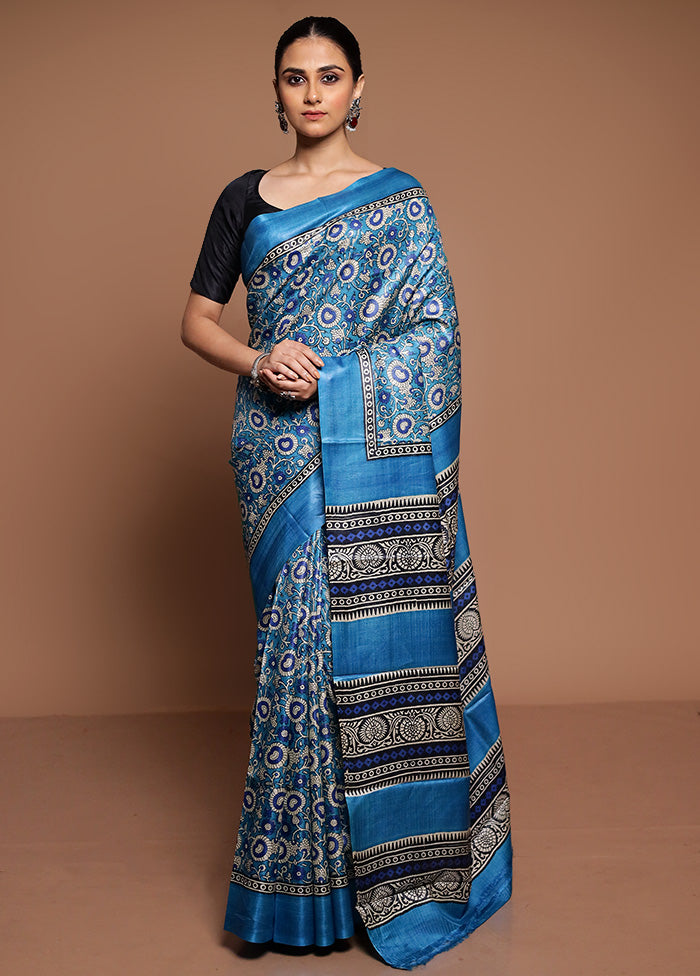 Blue Handloom Tussar Pure Silk Saree With Blouse Piece