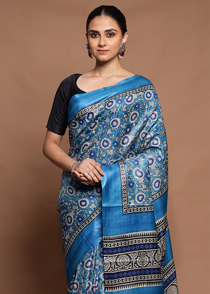 Blue Handloom Tussar Pure Silk Saree With Blouse Piece