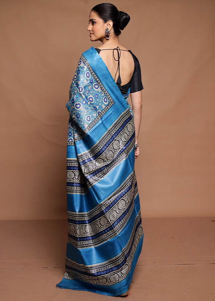 Blue Handloom Tussar Pure Silk Saree With Blouse Piece