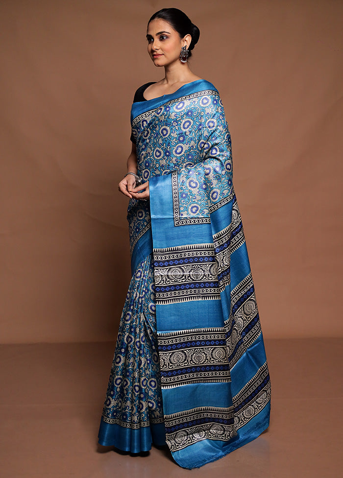 Blue Handloom Tussar Pure Silk Saree With Blouse Piece