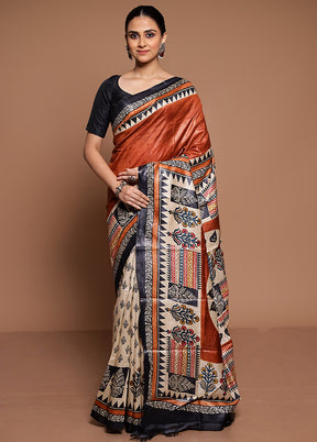 Rust Handloom Tussar Pure Silk Saree With Blouse Piece