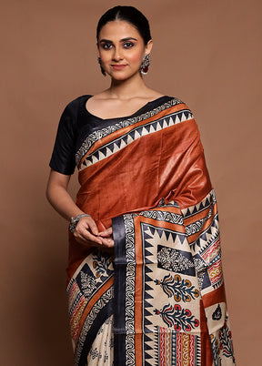 Rust Handloom Tussar Pure Silk Saree With Blouse Piece