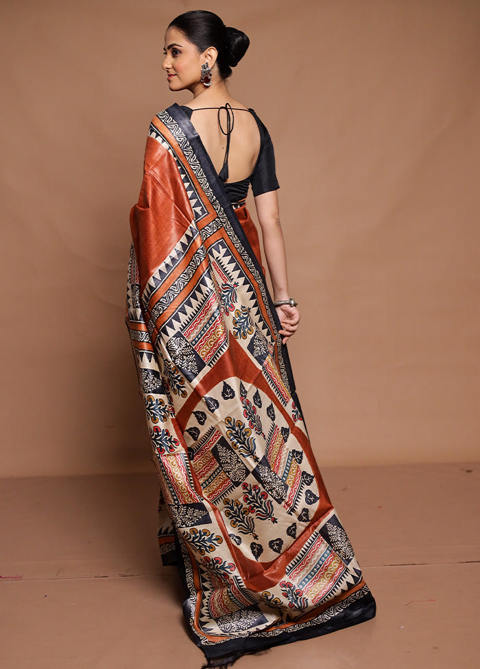 Rust Handloom Tussar Pure Silk Saree With Blouse Piece