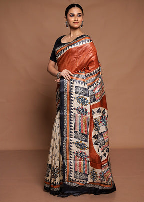 Rust Handloom Tussar Pure Silk Saree With Blouse Piece