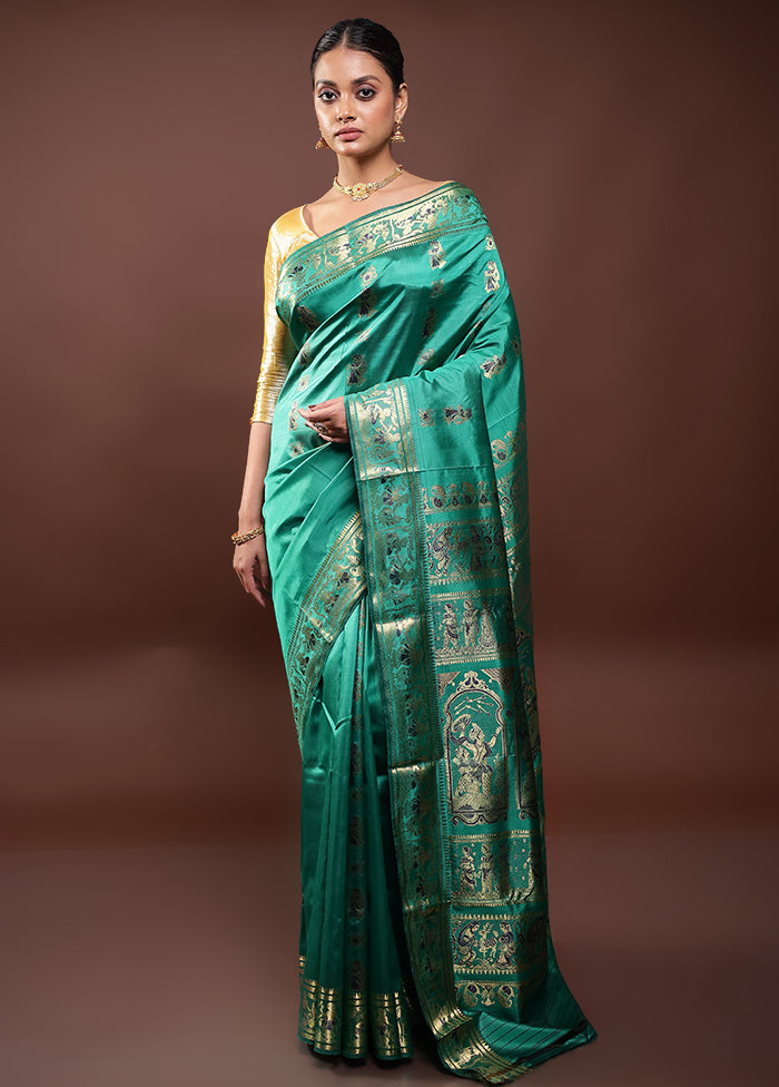 Green Handloom Baluchari Pure Silk Saree With Blouse Piece