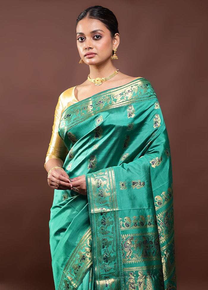 Green Handloom Baluchari Pure Silk Saree With Blouse Piece