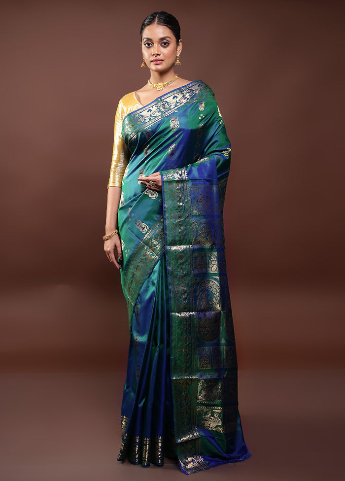 Green Handloom Baluchari Pure Silk Saree With Blouse Piece