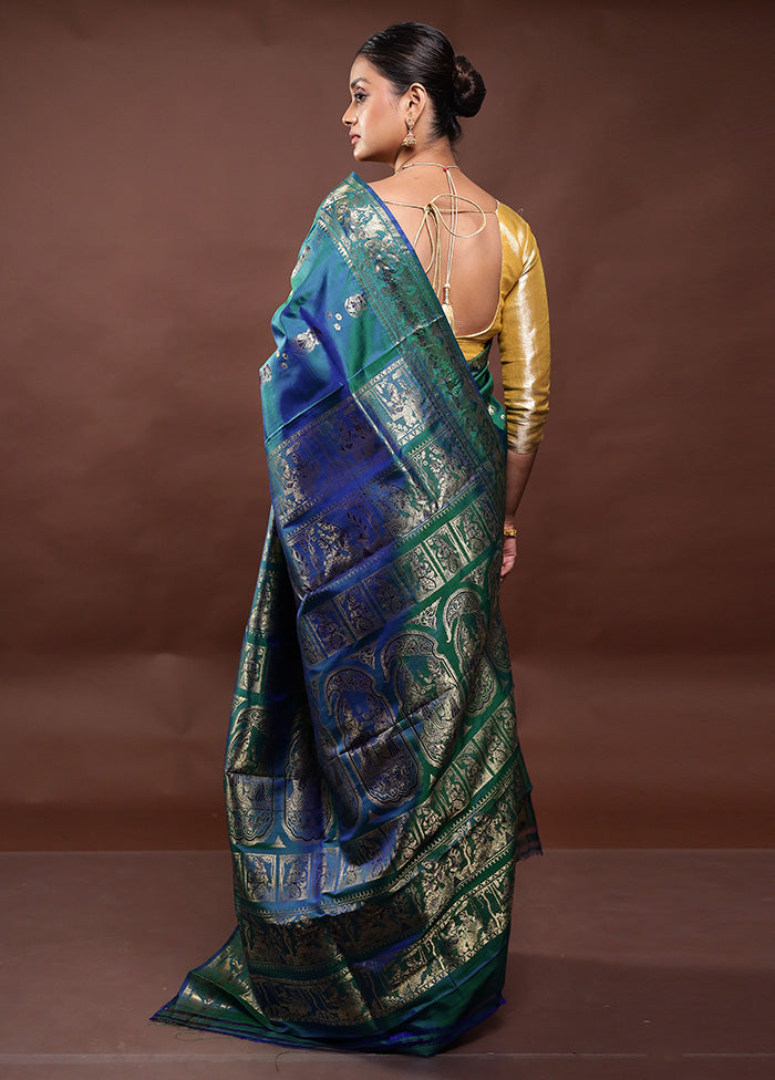 Green Handloom Baluchari Pure Silk Saree With Blouse Piece