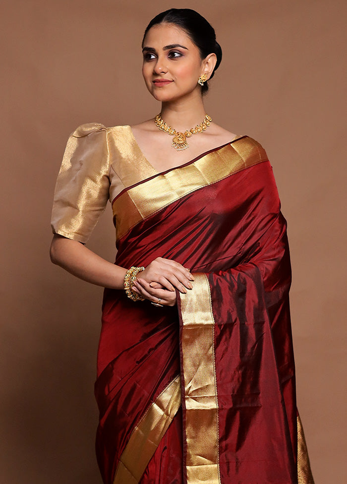 Maroon Handloom Kanjivaram Pure Silk Saree With Blouse Piece