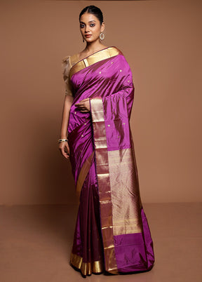 Purple Handloom Kanjivaram Pure Silk Saree With Blouse Piece