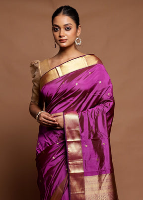 Purple Handloom Kanjivaram Pure Silk Saree With Blouse Piece