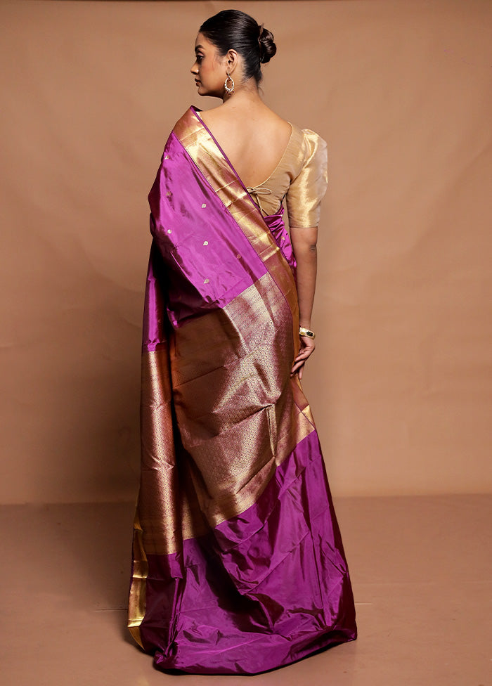 Purple Handloom Kanjivaram Pure Silk Saree With Blouse Piece